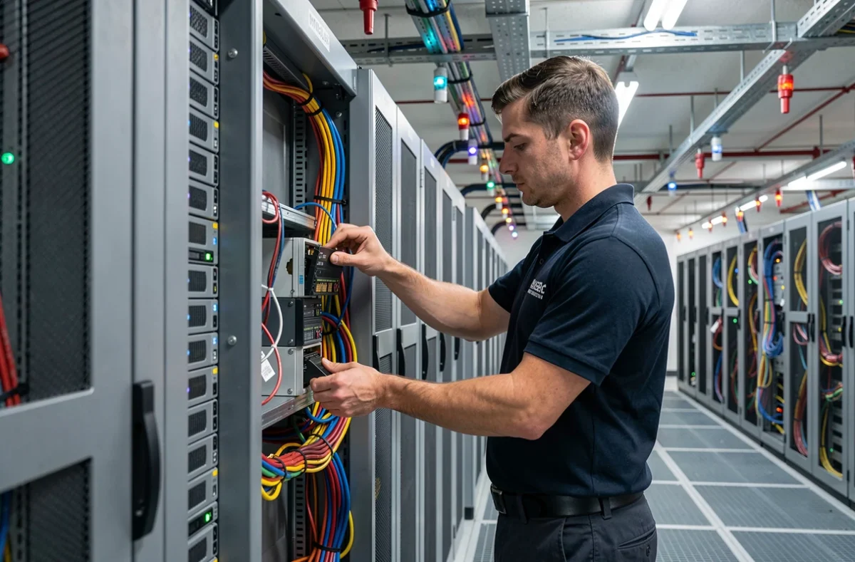 Technicien intégrant et maintenant des infrastructures serveur dans une salle de datacenter professionnelle