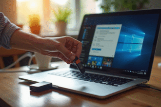 Ordinateur portable moderne sur un bureau en bois avec clé Bluetooth