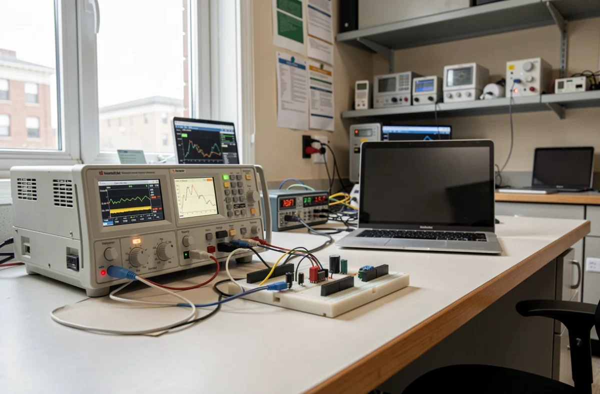 Paillasse de travaux pratiques d'électronique avec oscilloscope et maquette