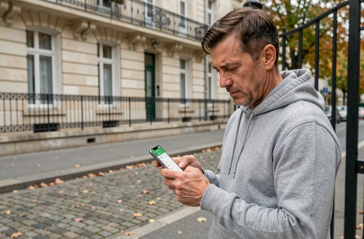 Parent d'élève consultant l'ENT Paris sur son smartphone devant une école parisienne
