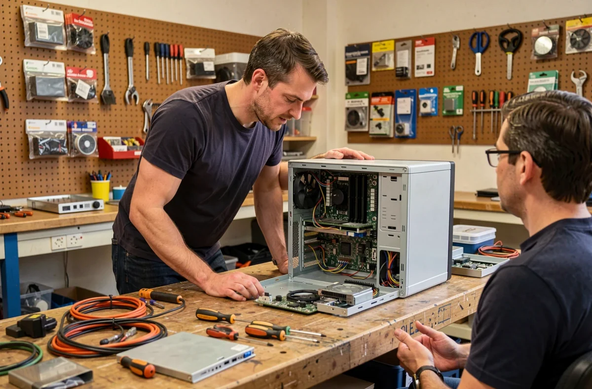 Technicien en train de réparer un ordinateur pour un client dans un atelier de dépannage informatique en Haute-Normandie