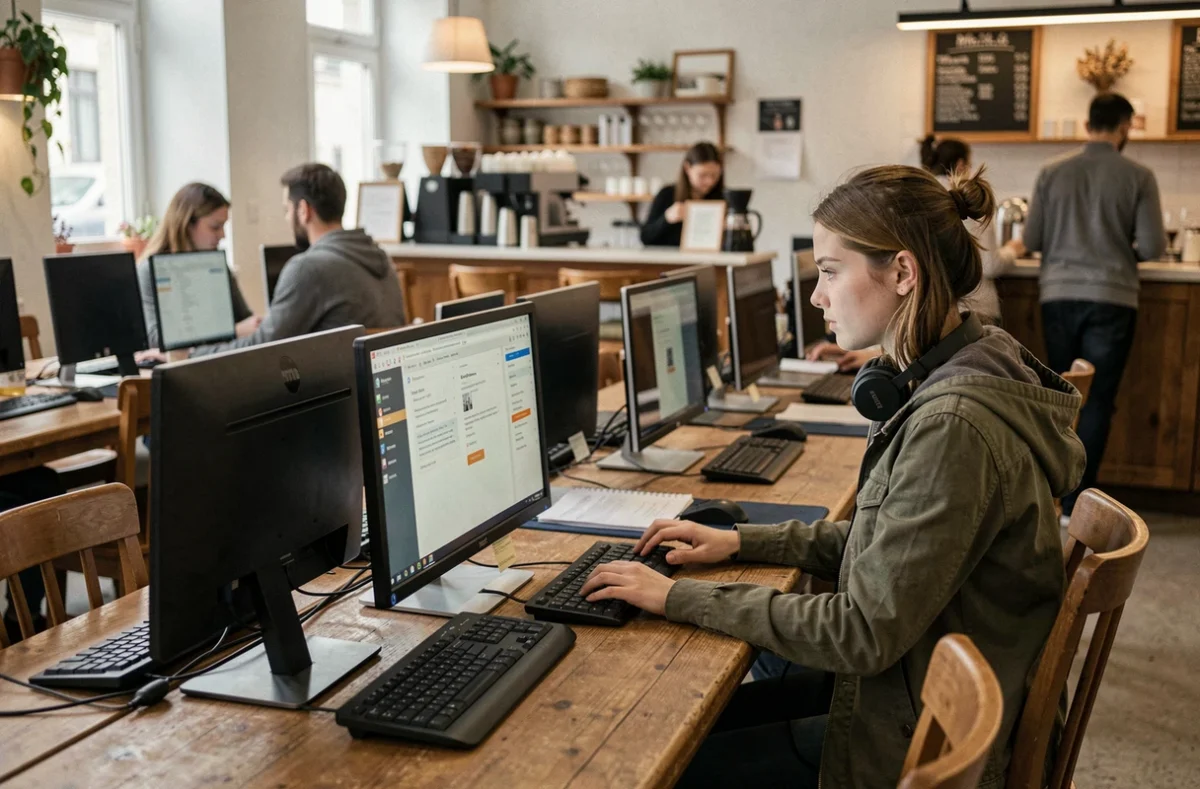 Espace informatique du Plug In Café au Havre avec des postes de travail et une utilisatrice devant son écran