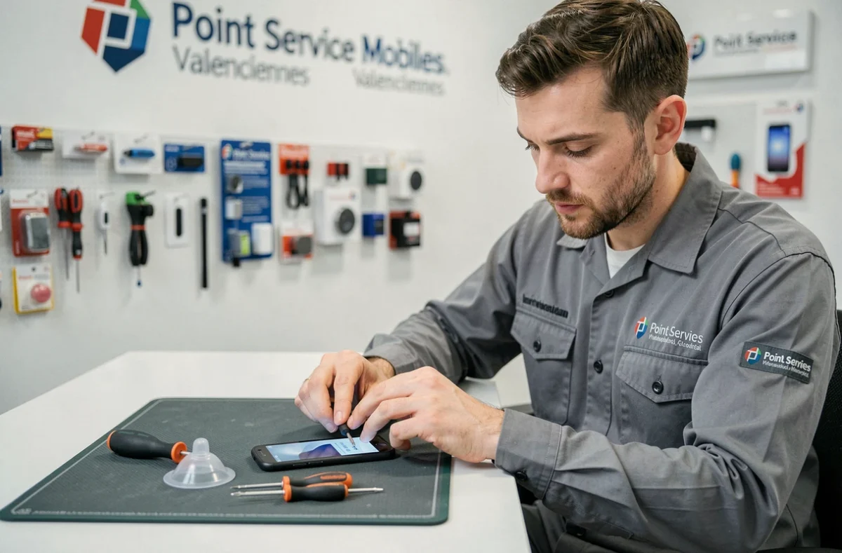 Technicien de Point Service Mobiles Valenciennes remplaçant l'écran d'un smartphone