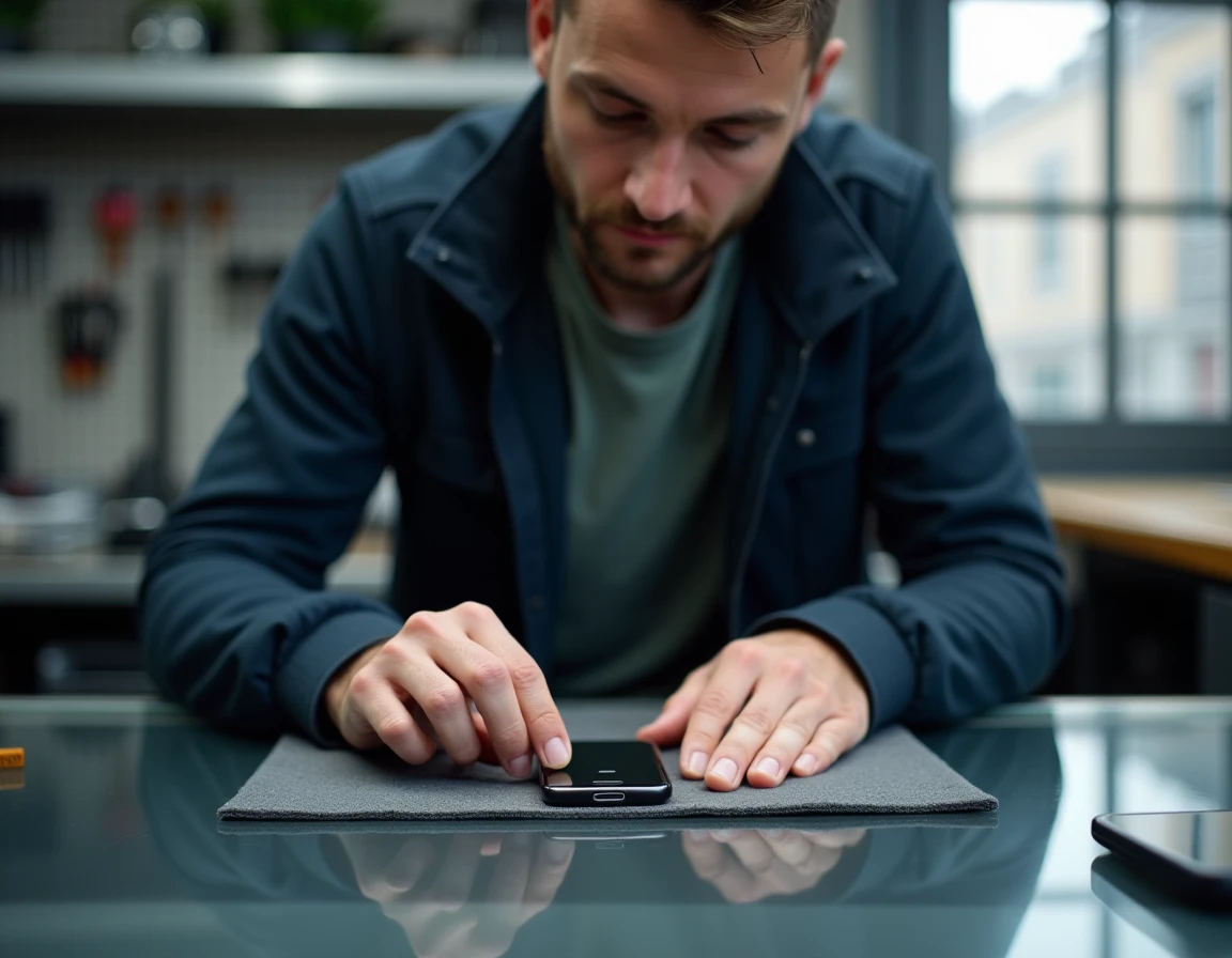 Technicien appliquant un protège-écran sur un Nokia 8800 dans un atelier de réparation électronique