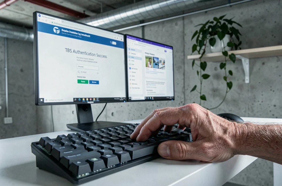 Gros plan sur des mains tapant des identifiants lors du premier login TBS sur un clavier mécanique