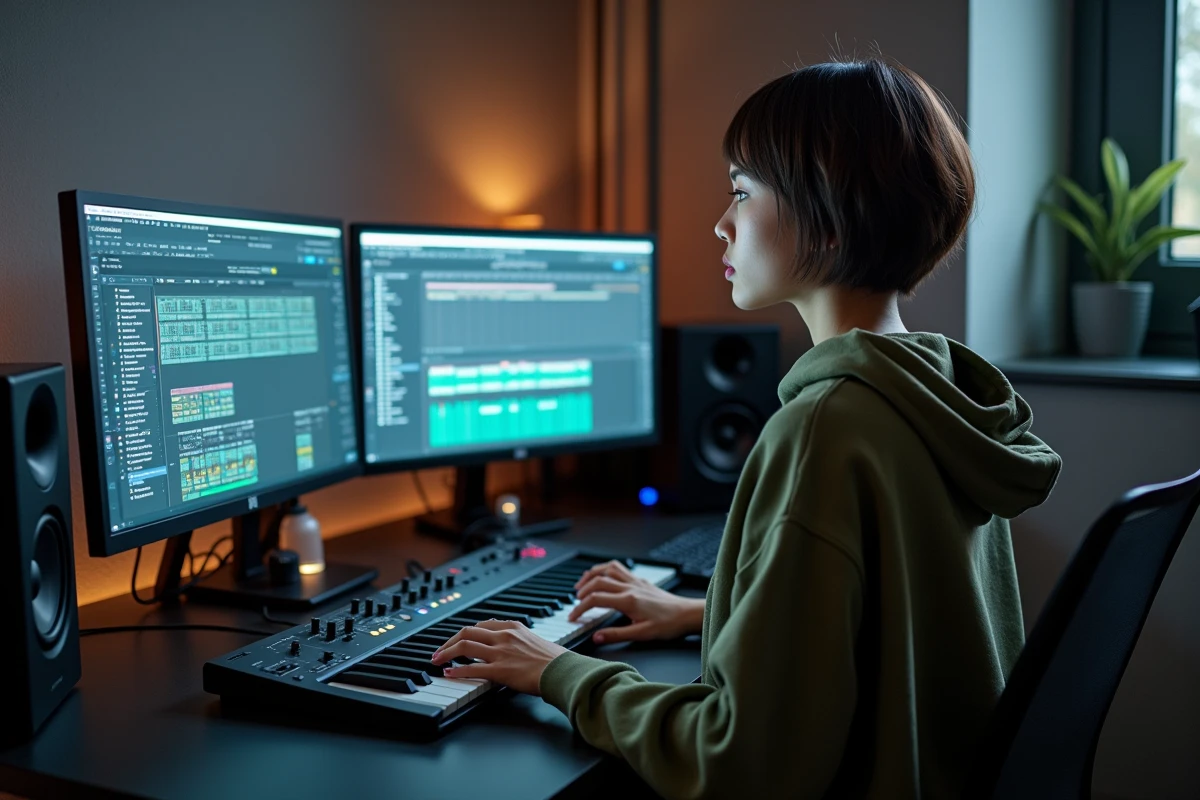 Productrice de musique travaillant sur Studio One dans un home studio acoustiquement traité