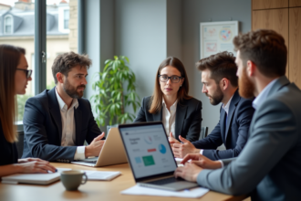 Groupe de professionnels parisiens en réunion dans un bureau moderne