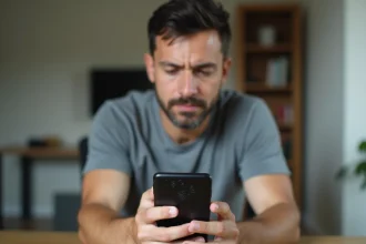 Homme inspectant les rayures sur l'écran d'un Google Pixel dans un bureau à domicile