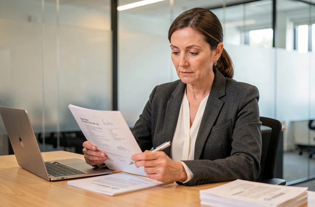 Recruteuse évaluant les résultats d'un test d'écriture de candidats en télétravail dans un bureau RH moderne