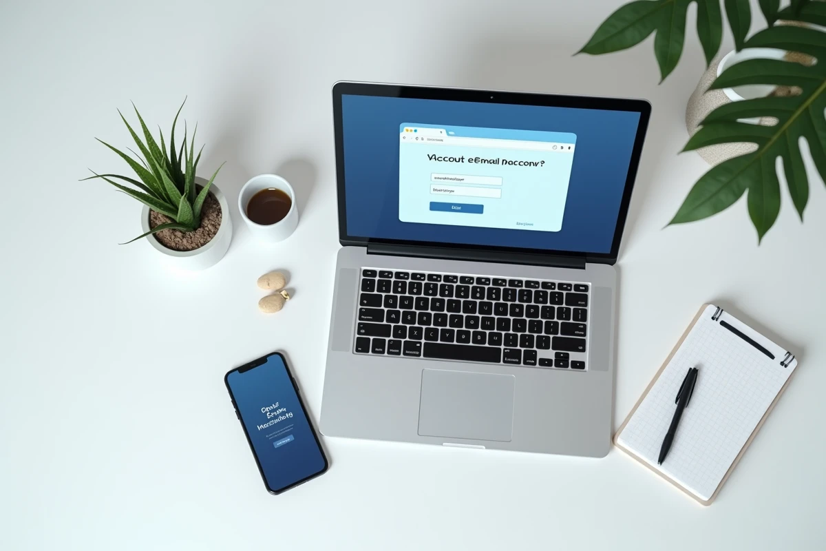 Vue de dessus d'un ordinateur portable affichant une page de récupération de compte IONOS avec un smartphone montrant un code de vérification par SMS