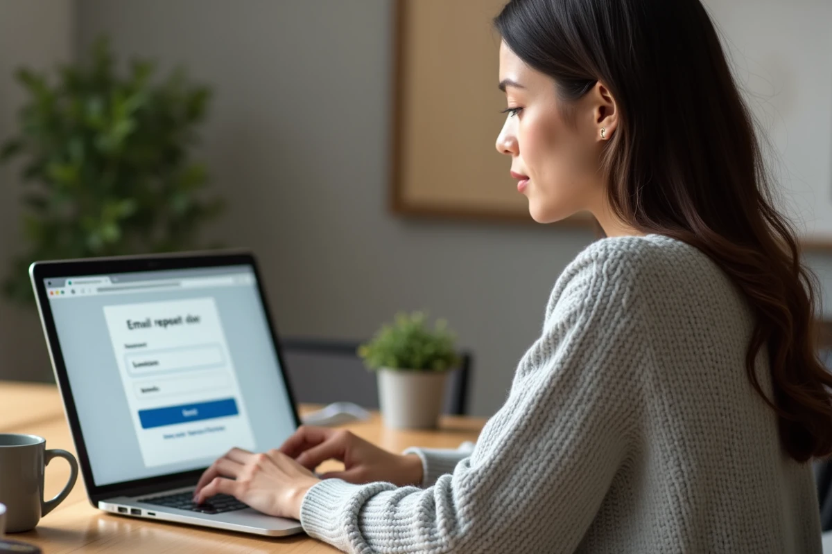 Femme utilisant un ordinateur portable pour récupérer l'accès à son compte webmail IONOS via un formulaire de réinitialisation de mot de passe