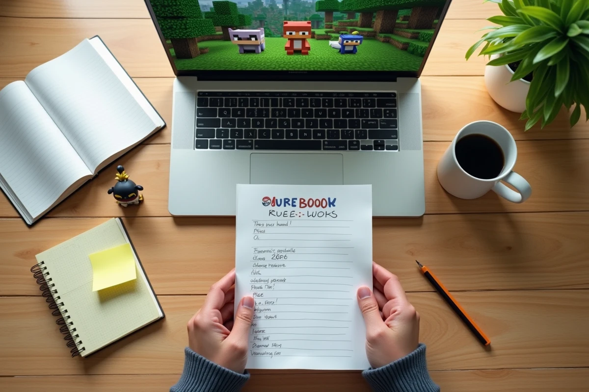 Vue de dessus d'un bureau avec règles Nuzlocke imprimées, figurine Pokémon et écran Minecraft ouvert pour illustrer la préparation d'une partie