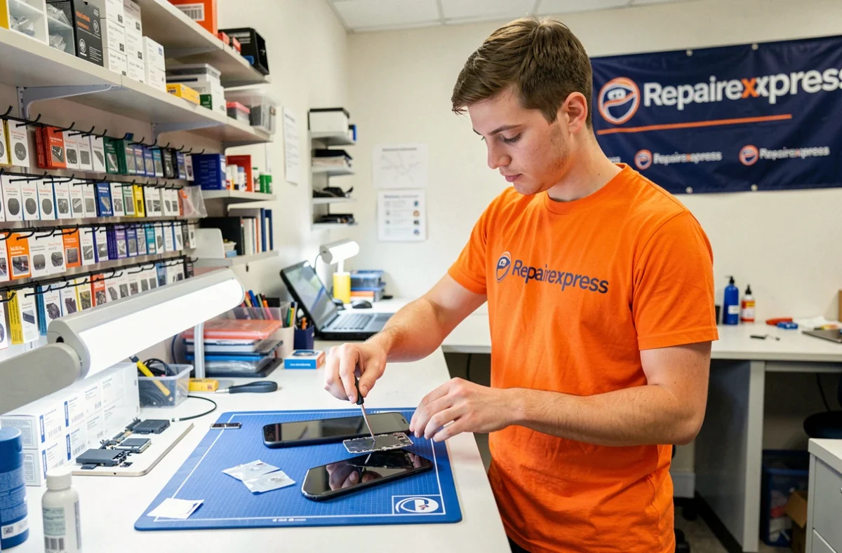Technicien Repairexpress réparant un écran de smartphone dans une boutique de réparation express