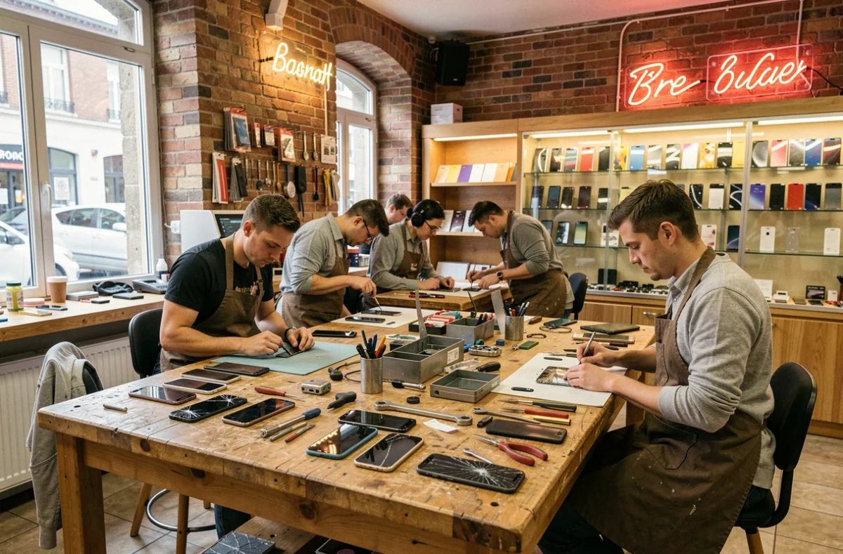 Atelier de réparation de smartphones dans le Nord avec techniciens au travail