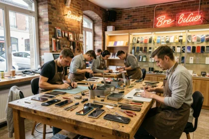 Atelier de réparation de smartphones dans le Nord avec techniciens au travail