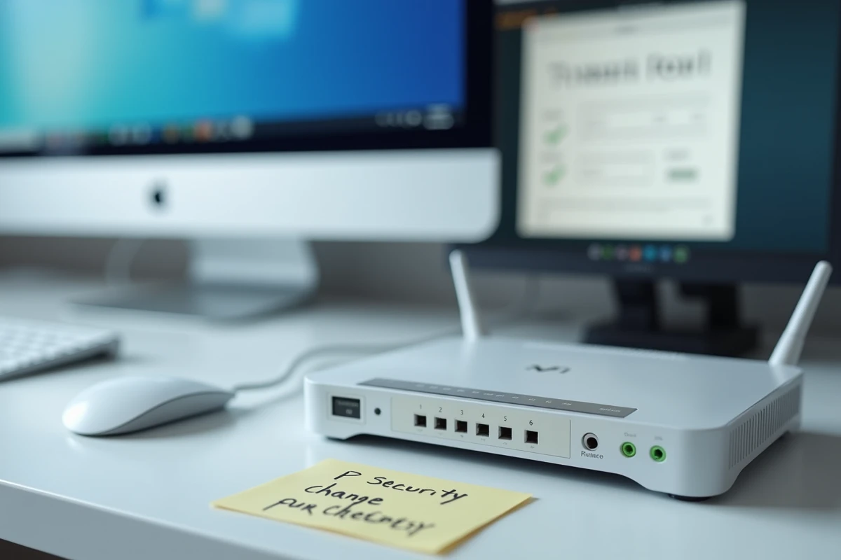 Routeur WiFi domestique posé sur un bureau avec interface de configuration réseau affichant les réglages de sécurité et l'adresse IP 192.168.1.109