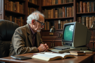 Scientifique aged assis dans une bibliothèque ancienne