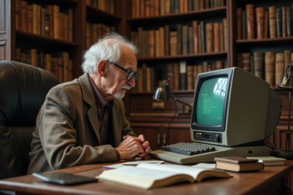 Scientifique aged assis dans une bibliothèque ancienne