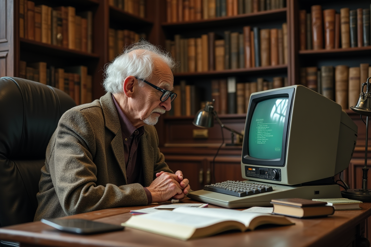 Scientifique aged assis dans une bibliothèque ancienne