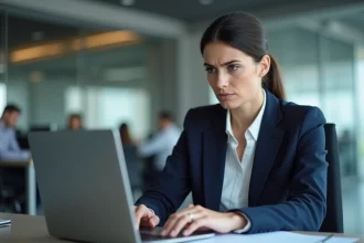 Femme professionnelle analysant la sécurité d'un transfert de fichiers sensibles sur son ordinateur portable au bureau