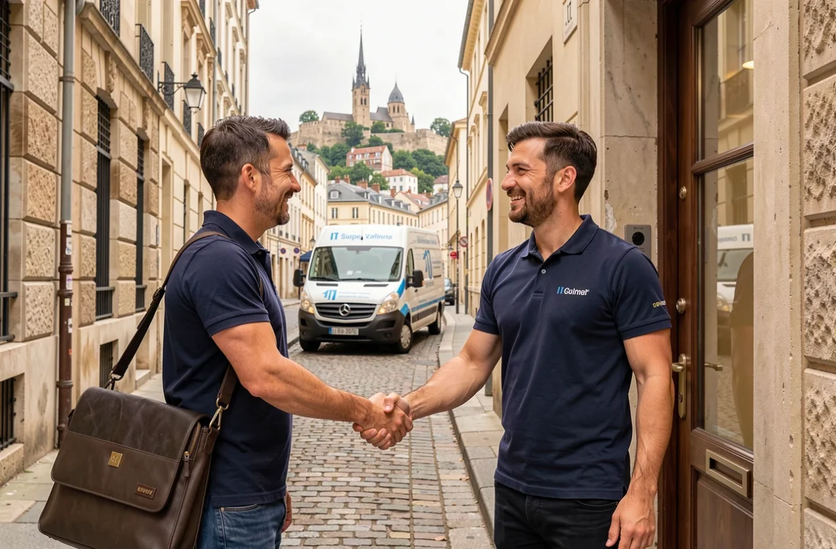 Technicien de dépannage informatique arrivant chez un client à Lyon pour une intervention sur site