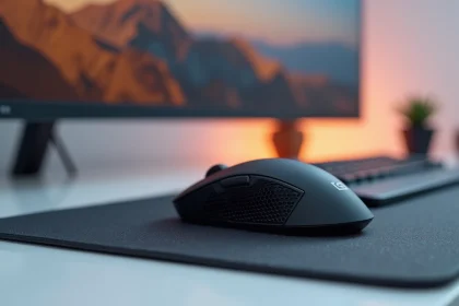 Souris gaming sans fil sur un setup minimaliste avec bureau blanc et clavier compact