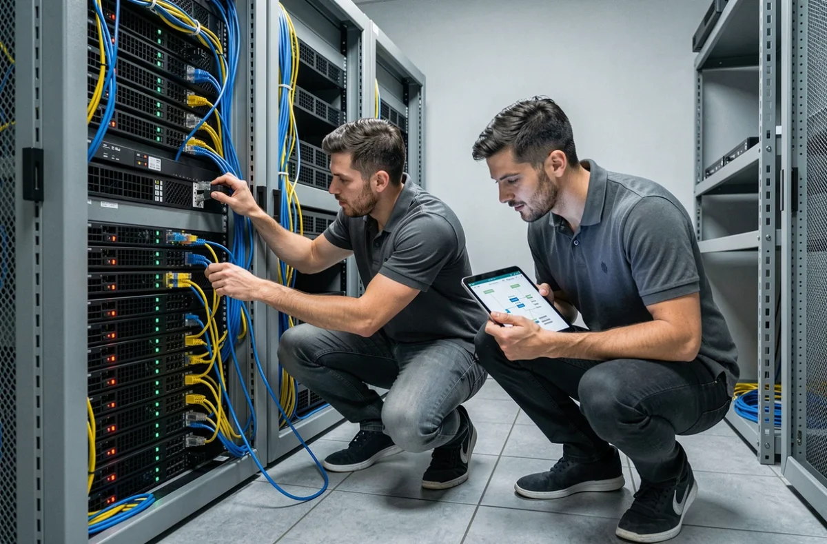 Ingénieurs réseau Suppnet configurant des équipements dans une salle serveur professionnelle