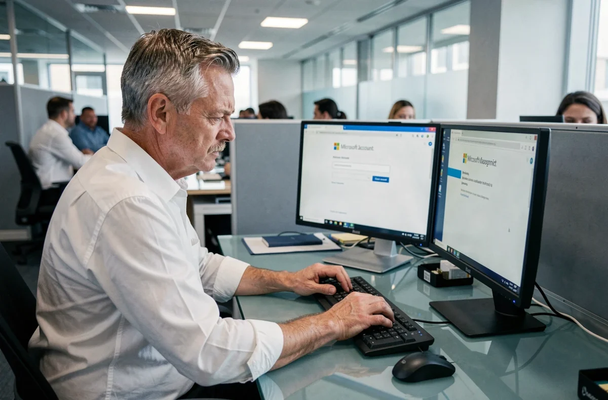 Homme gérant la suppression d'un compte Microsoft depuis un bureau professionnel avec double écran