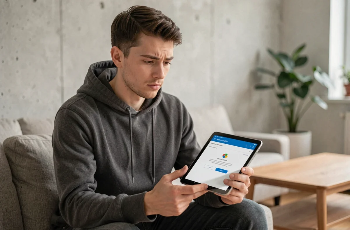 Jeune adulte supprimant un compte Microsoft sur une tablette depuis son salon