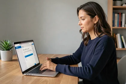 Femme supprimant son compte Microsoft sur un ordinateur portable dans un bureau à domicile