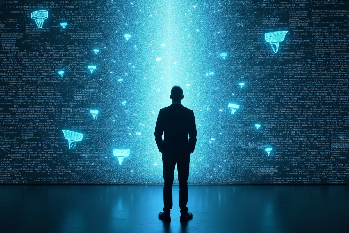 Personne seule devant un mur de caméras et code numérique en pleine lumière naturelle