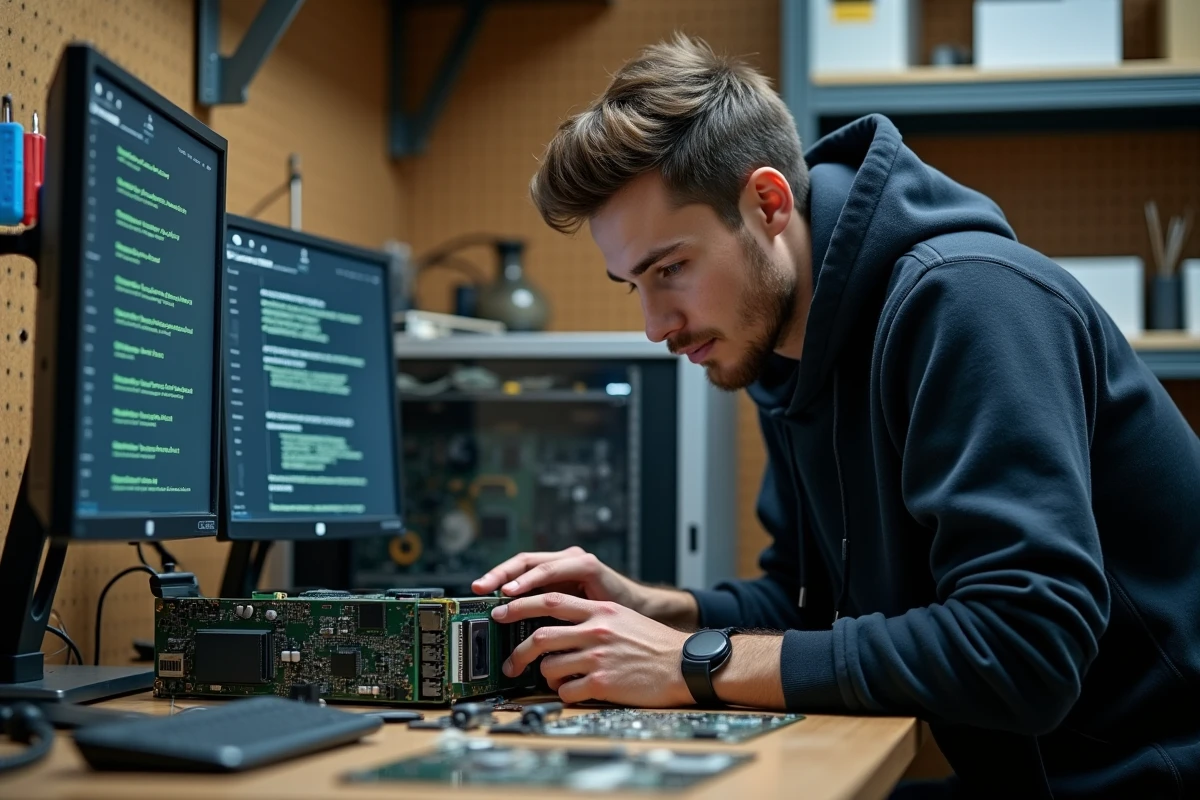 Jeune technicien examinant une vieille carte graphique dans un atelier de réparation informatique
