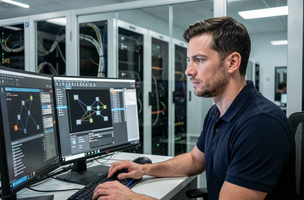 Technicien informatique configurant une liste de serveurs emul fiables sur un poste de travail multi-écrans en salle serveur