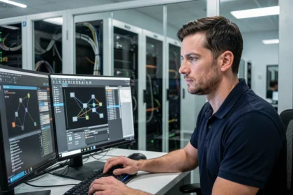 Technicien informatique configurant une liste de serveurs emul fiables sur un poste de travail multi-écrans en salle serveur