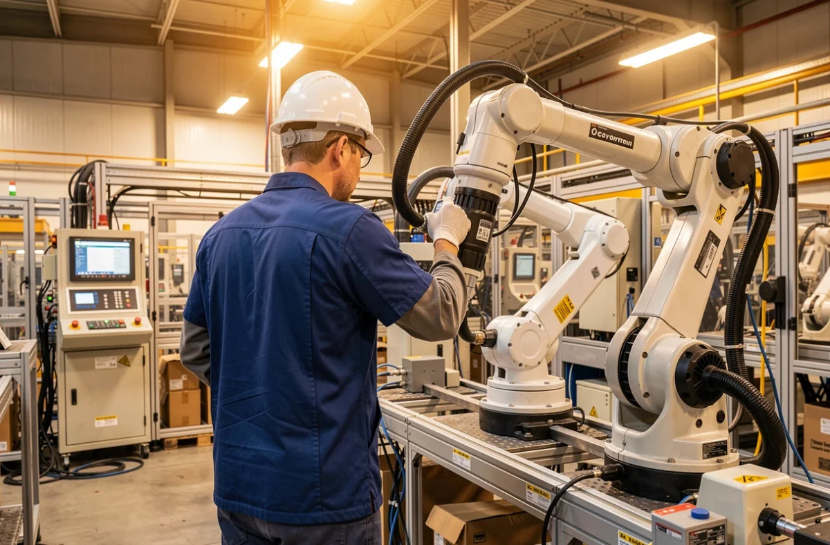 Technicien de maintenance vérifiant un bras robotisé sur une chaîne de production