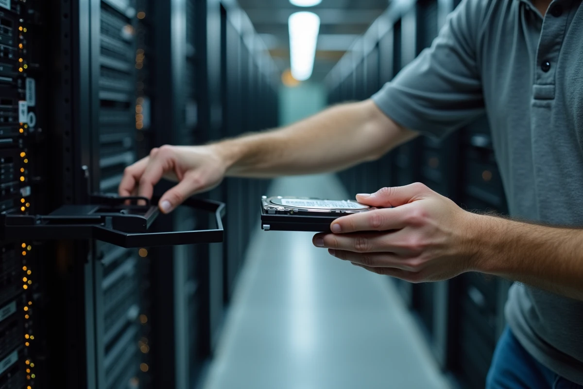 Technicien manipulant un disque dur en salle de datacenter lors d'une opération de migration de stockage Citrix à grande échelle