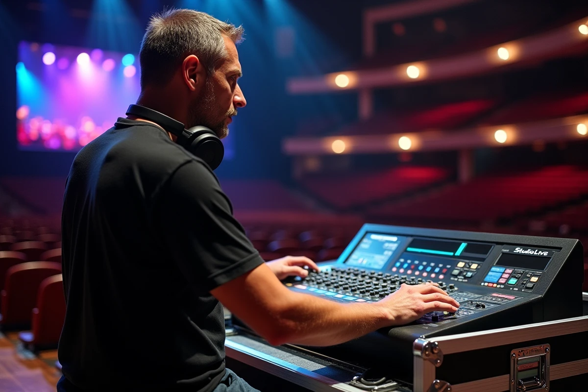 Technicien son live sur console StudioLive en régie de salle lors d'une balance de concert