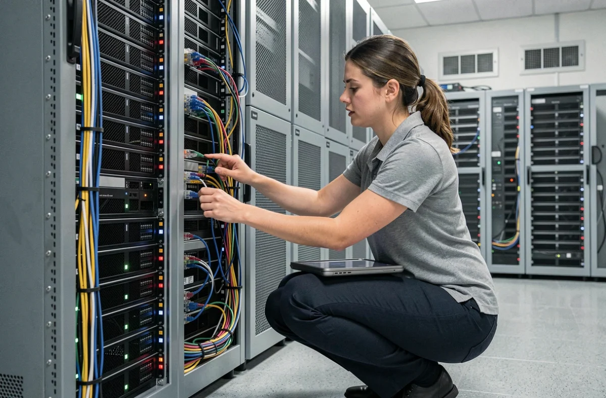 Technicienne informatique câblant une baie de serveurs dans une salle informatique professionnelle organisée