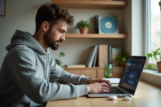 Jeune homme téléchargeant de la musique depuis YouTube en MP3 sur son ordinateur portable dans un bureau à domicile