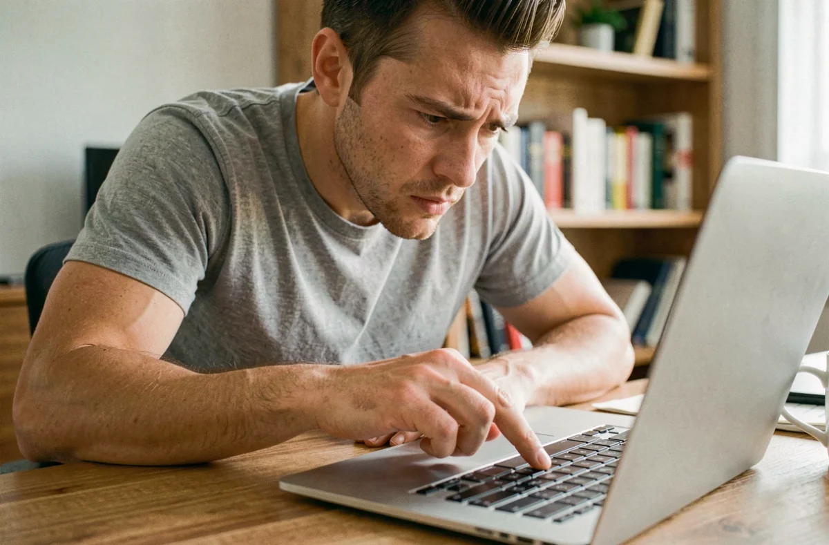 Homme utilisant un clavier PC avec une touche défectueuse dans un bureau à domicile