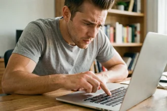 Homme utilisant un clavier PC avec une touche défectueuse dans un bureau à domicile