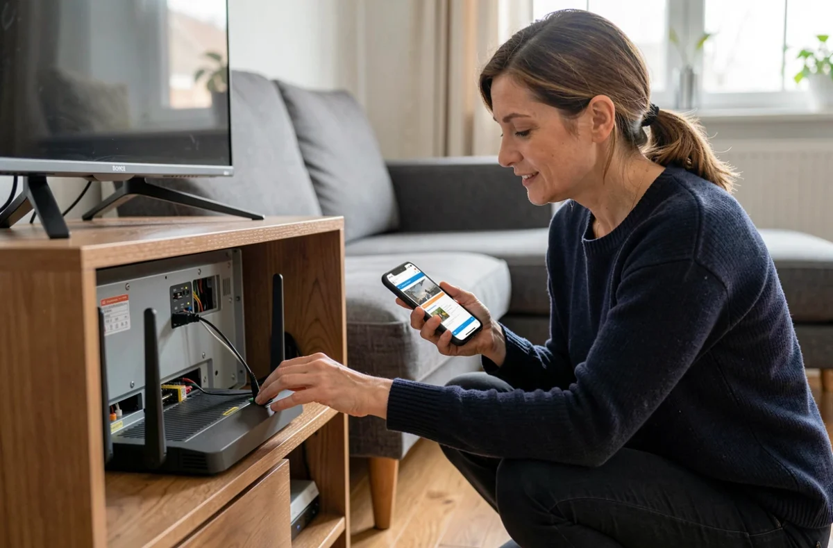 Femme vérifiant les câbles et le panneau arrière de sa box fibre optique dans un salon avec smartphone à la main