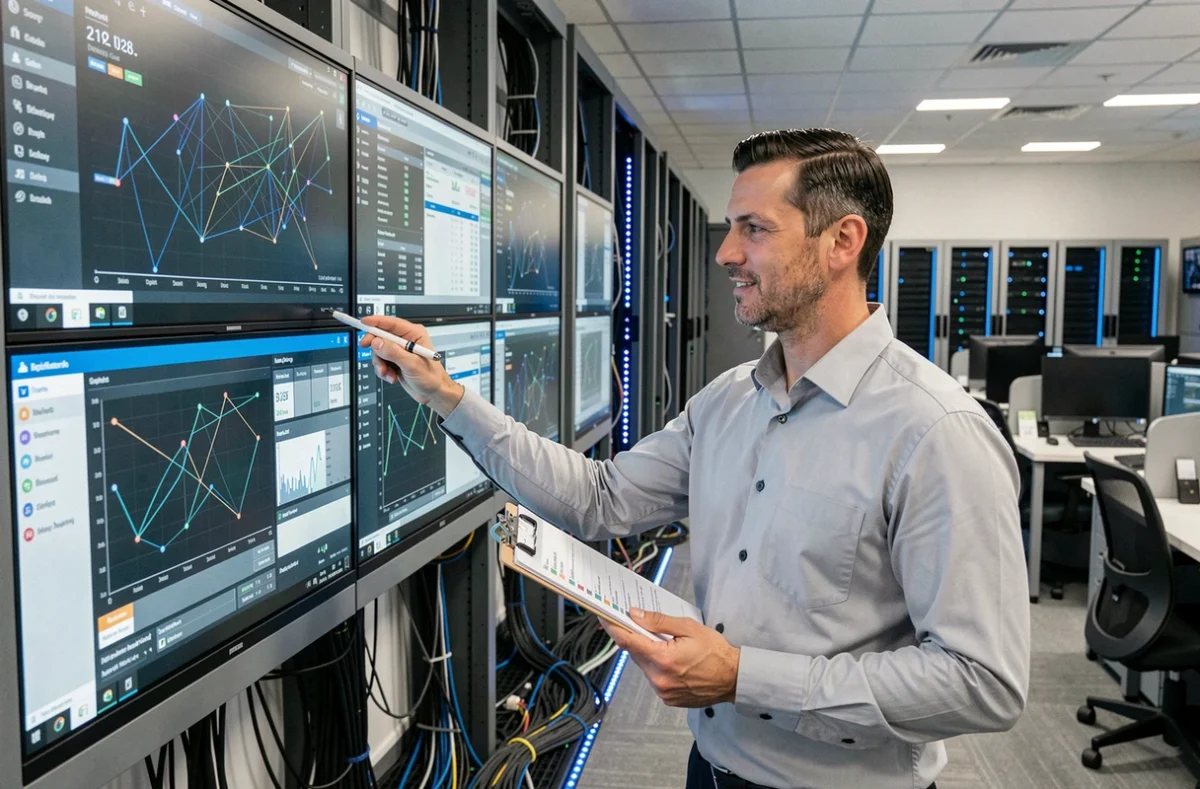 Responsable Weba Infogérance supervisant des tableaux de bord réseau dans un centre d'opérations informatiques