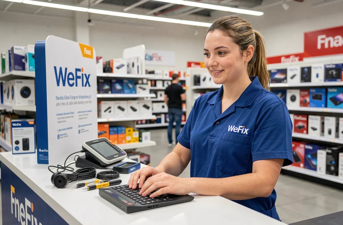 Technicienne WeFix Fnac Lille réparant un smartphone au comptoir de service