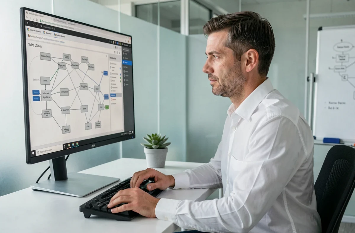 Consultant informatique Wysiwyg analysant des diagrammes réseau sur un grand écran dans un bureau épuré