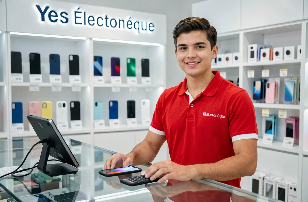 Technicien de Yes Électronique au comptoir avec un smartphone en cours de diagnostic