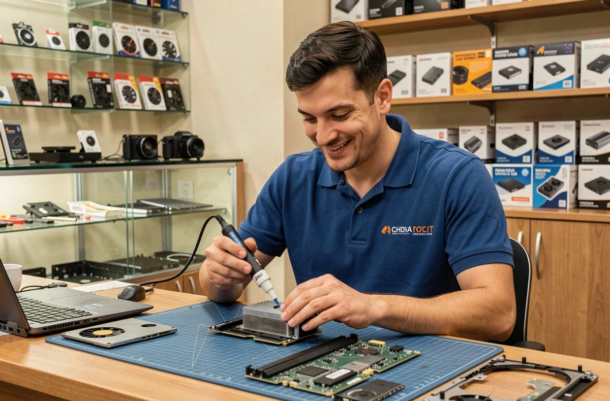Technicien Zoom PC appliquant de la pâte thermique sur un processeur dans un atelier de réparation informatique